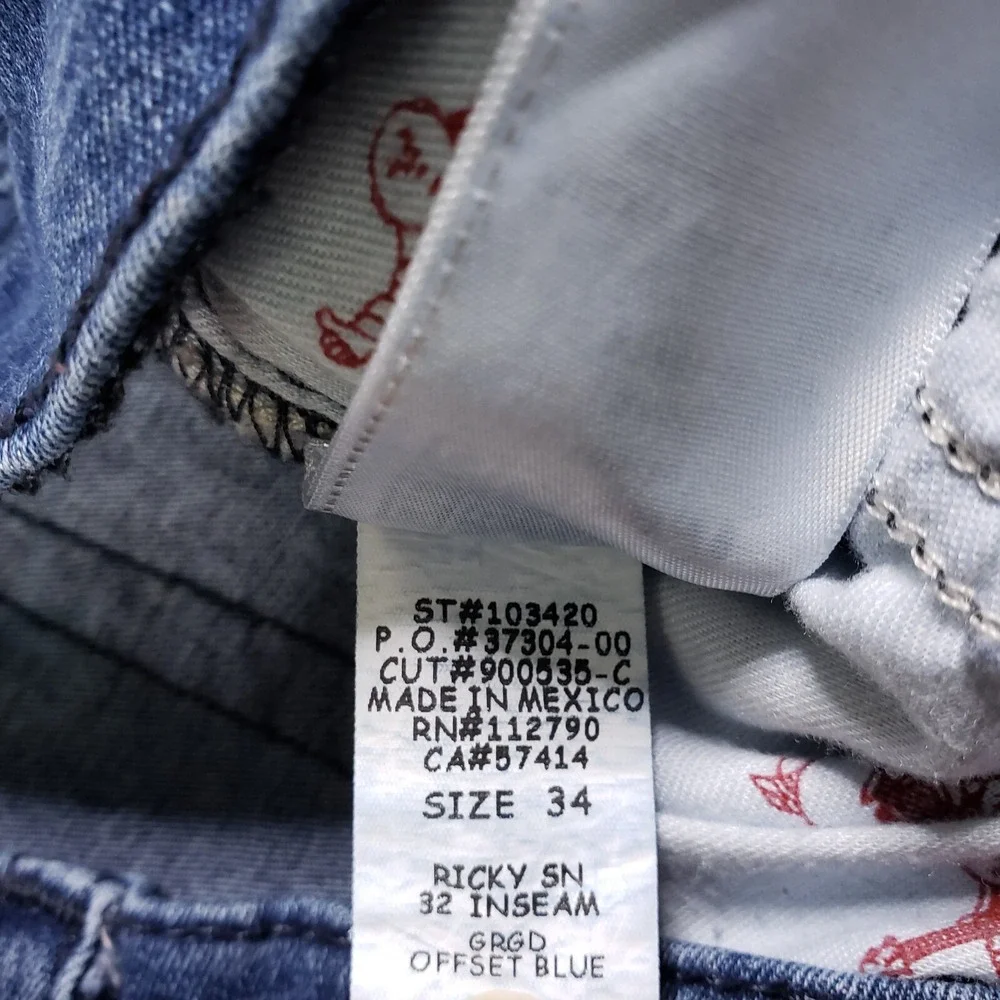 True Religion Jeans Mens 34 (35x32) Blue Ricky Relaxed Straight Med‎ Wash Denim